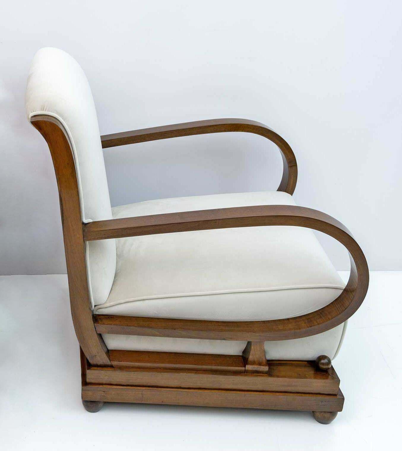 Pair Of Art Dèco Italian Walnut And Velvet Armchairs And Ottomans, 1920s photo Furniture