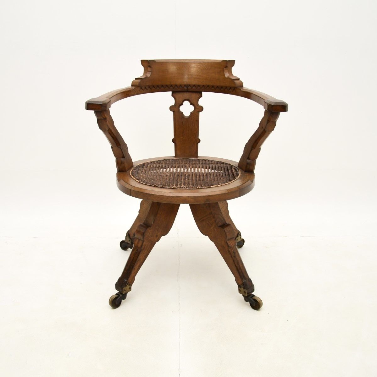 Antique Victorian Gothic Revival Solid Oak Swivel Desk Chair photo furniture