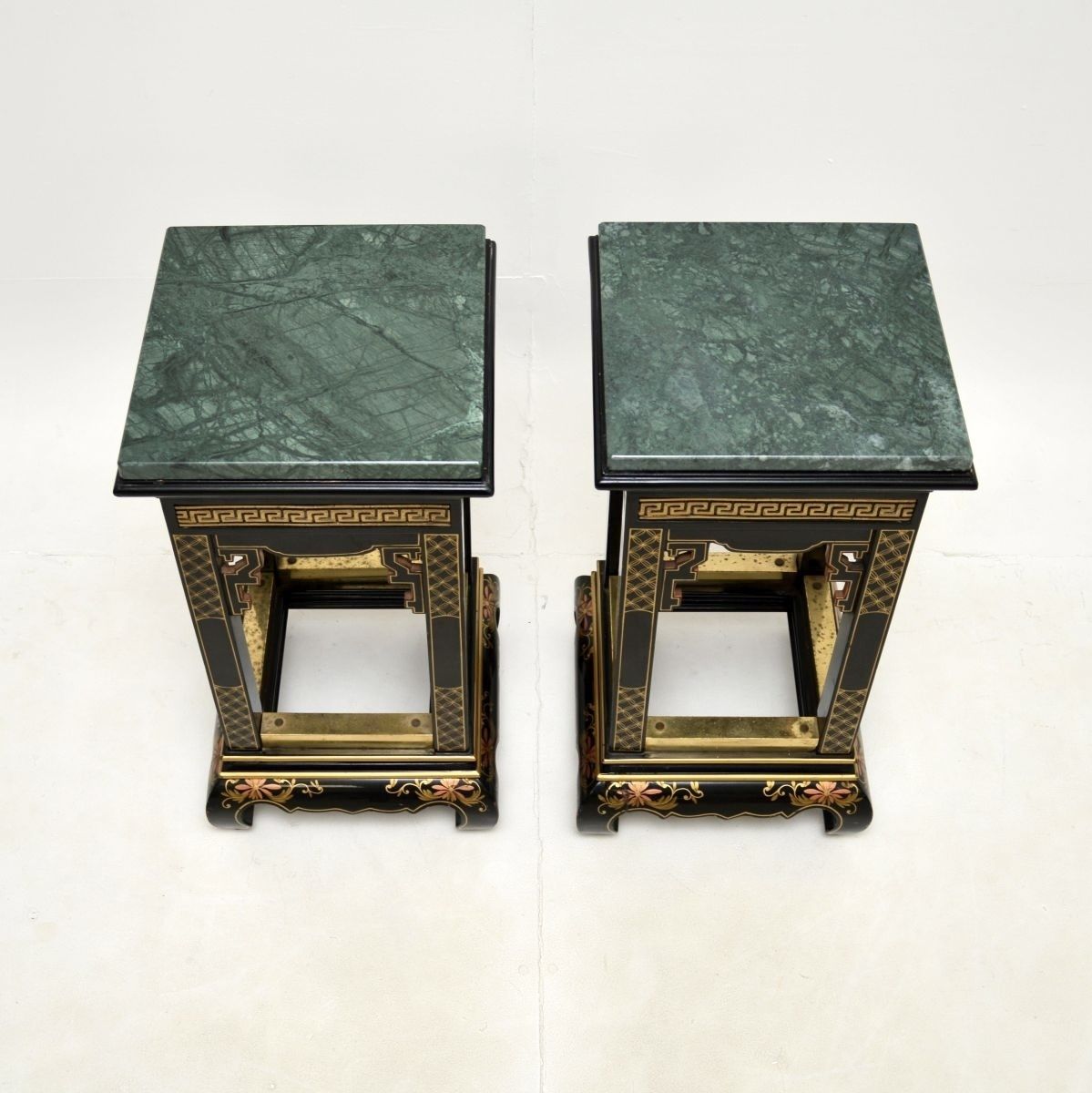 Pair Of Antique Lacquered Chinoiserie Marble Top Side Tables photo for sale