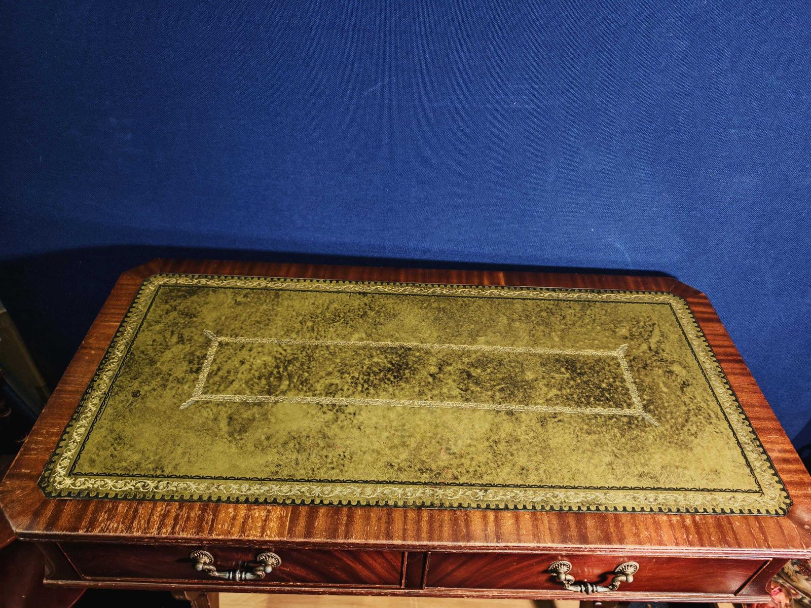 Vintage Regency Style Mahogany And Mahogany Effect Hall And Side Tables With Green And Gilt Leather Tops    (A) Large Hallway Table photo for sale
