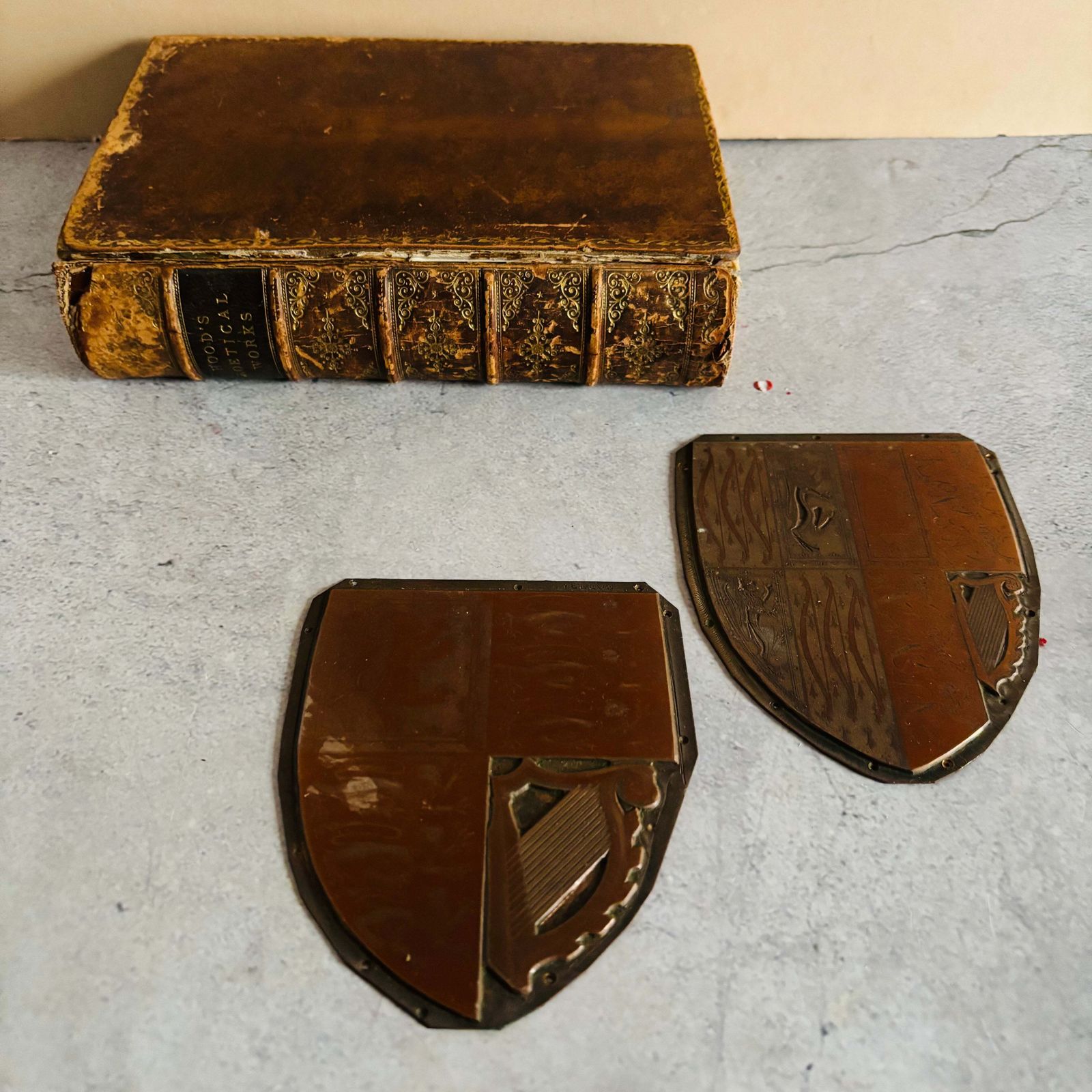 Antique Etched Copper Royal Shield Printing Plates photo furniture