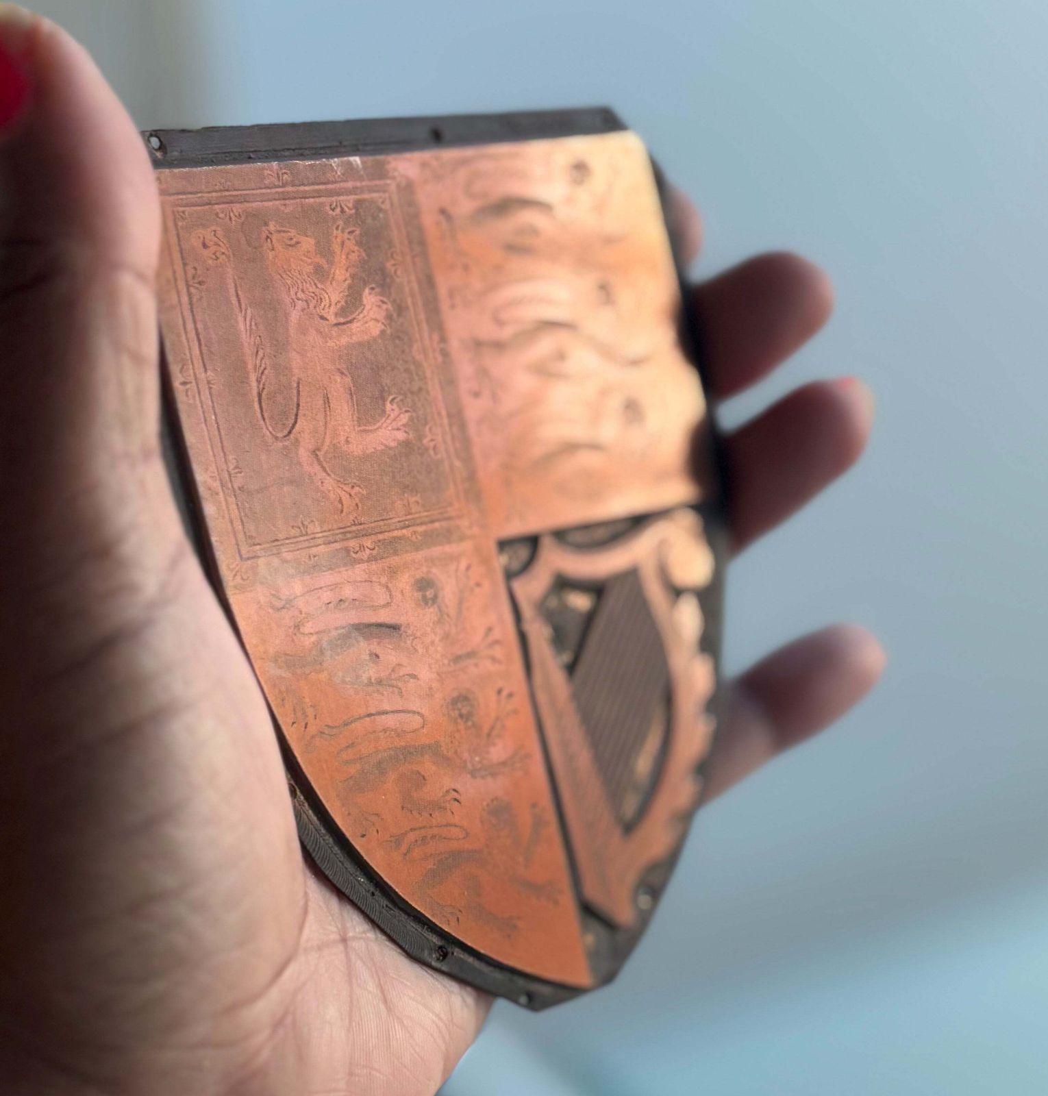 photo buy Antique Etched Copper Royal Shield Printing Plates