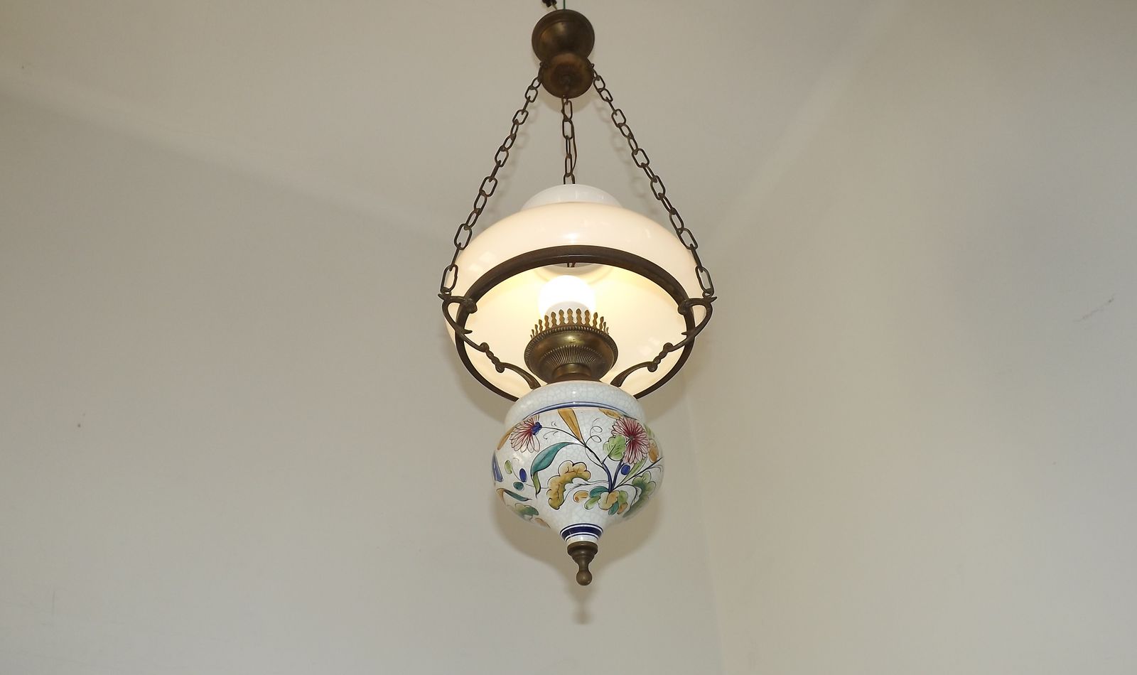French Mid Century Country Lantern Light   Floral Finial  White Opaque Glass Shade photo for sale