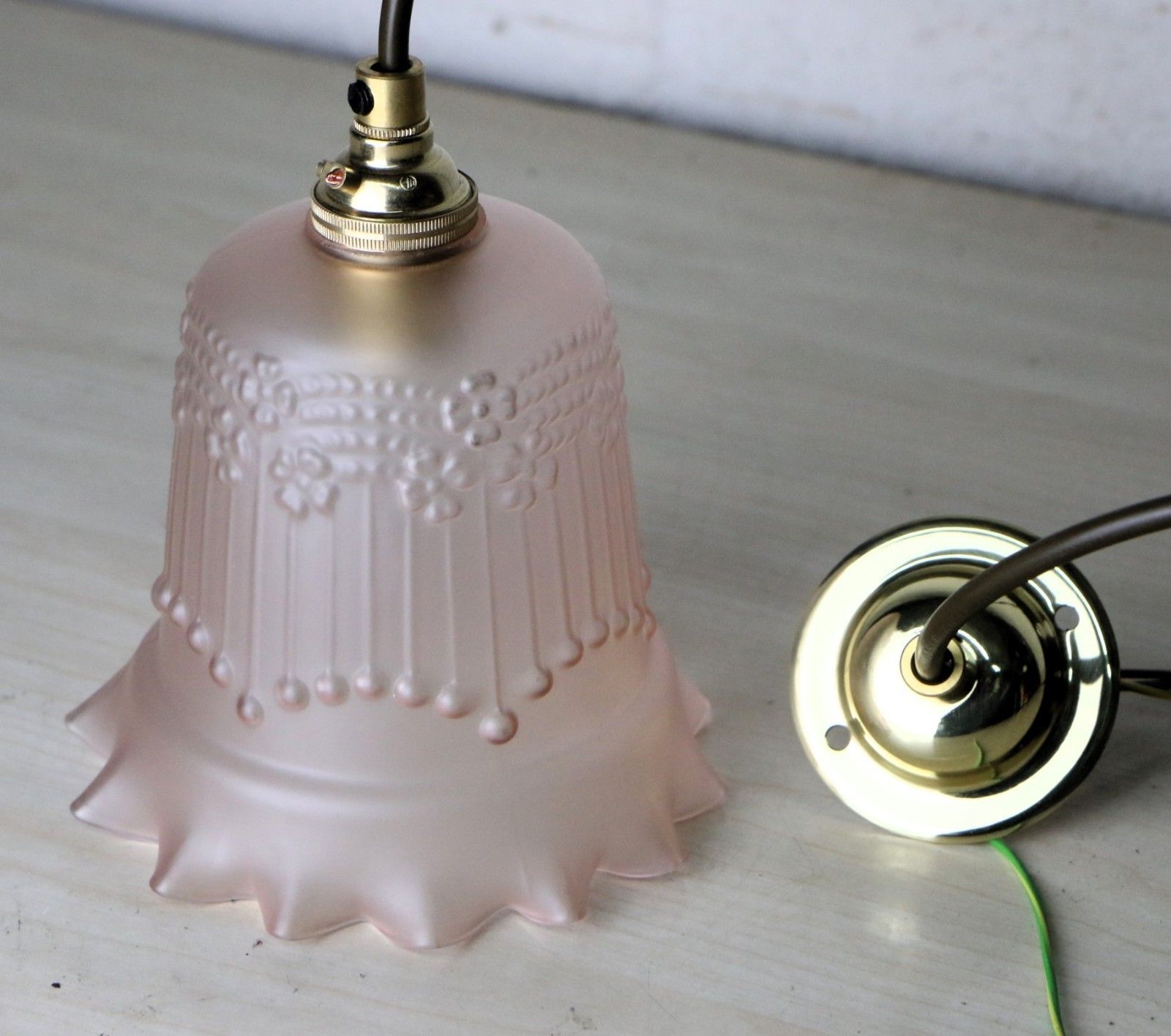 Ceiling Light Small Vintage Pink Blush Glass Pendant Frosted Art Deco Frilled photo Lighting