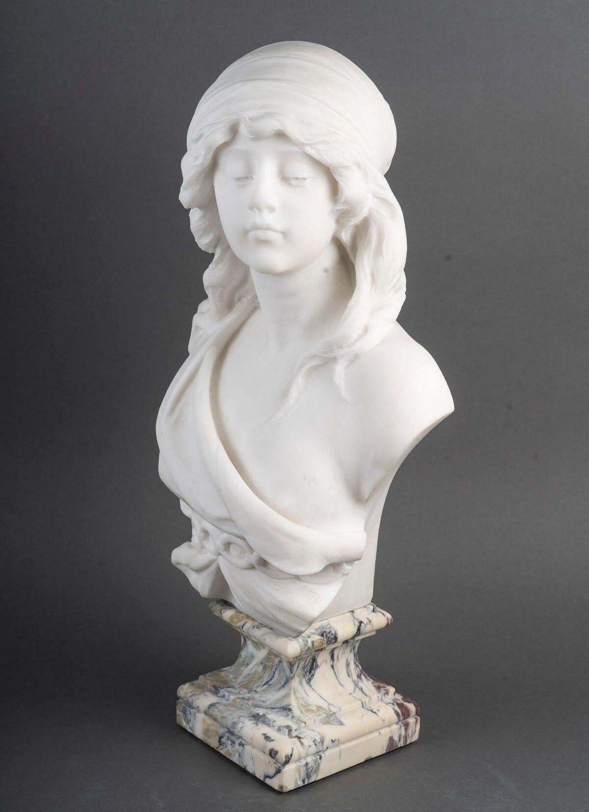 Bust, Sculpture Of A Woman In White Carrara Marble, Circa 1900. photo for sale
