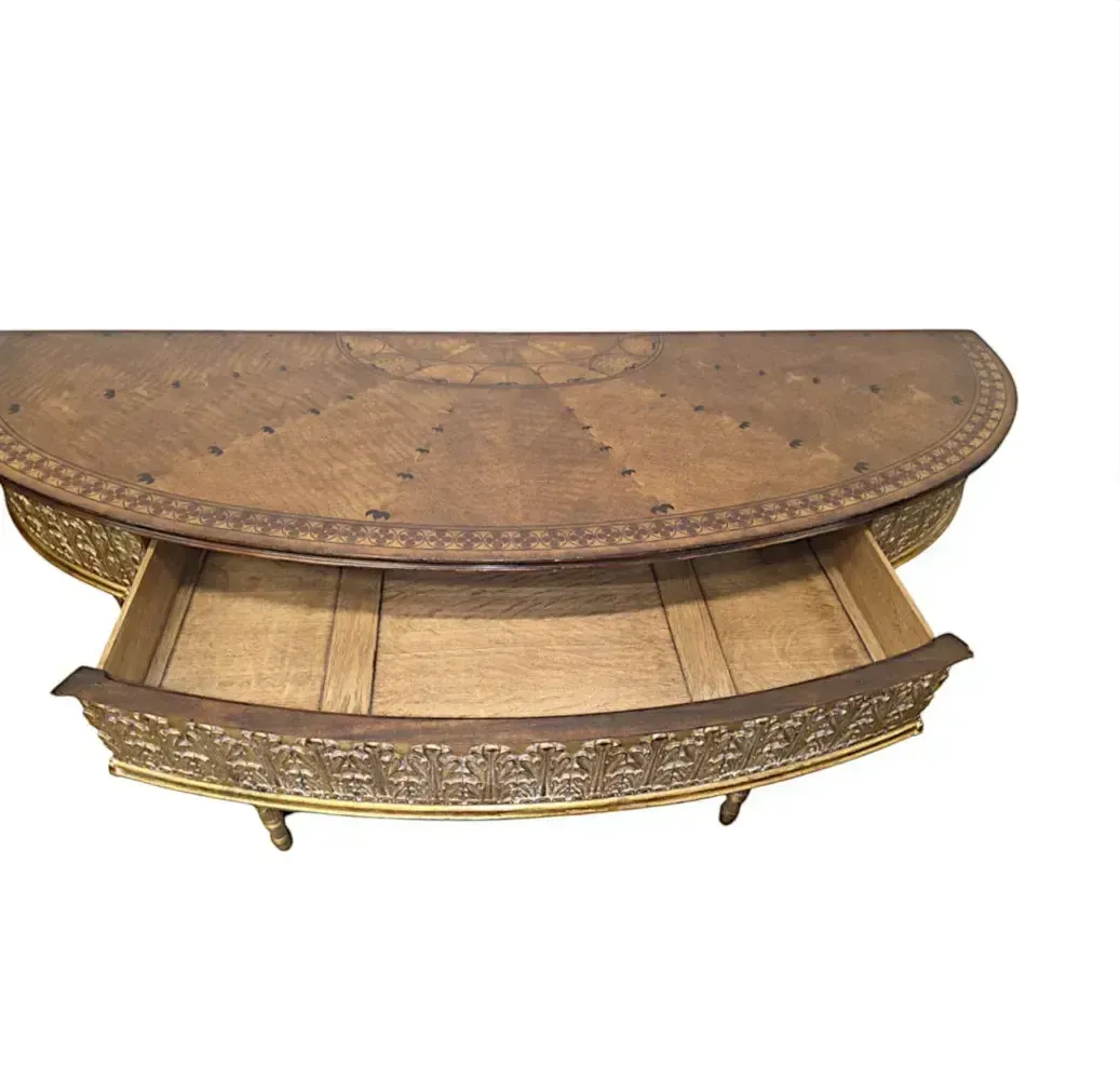 A Very Fine Pair Of Hand Made 20th Century Parcel Gilt And Inlaid Demilune Console Tables photo vinterior