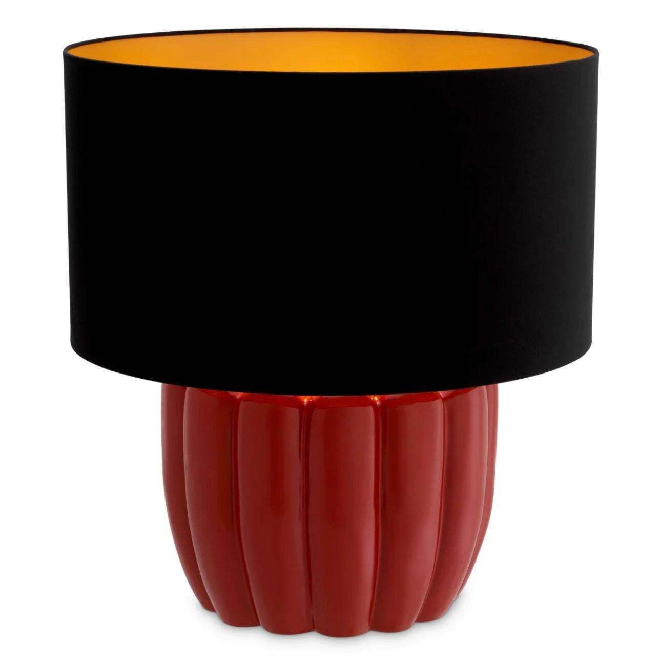 Pair Of Table Lamps In Red Wood With Black Shade, Contemporary Design photo for sale