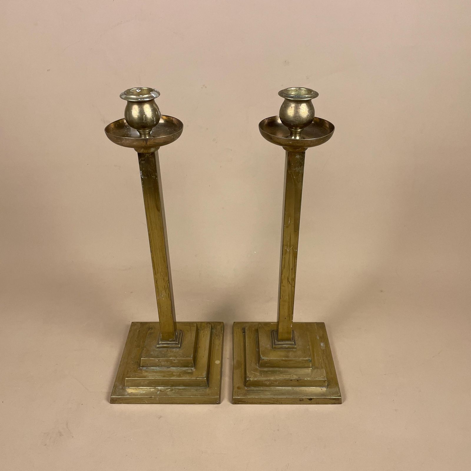 Large Antique Matching Pair Of Gold Brass Metal Candlestick Candle Stick Vintage Column Taper Dinner Candlesticks Square Base Set