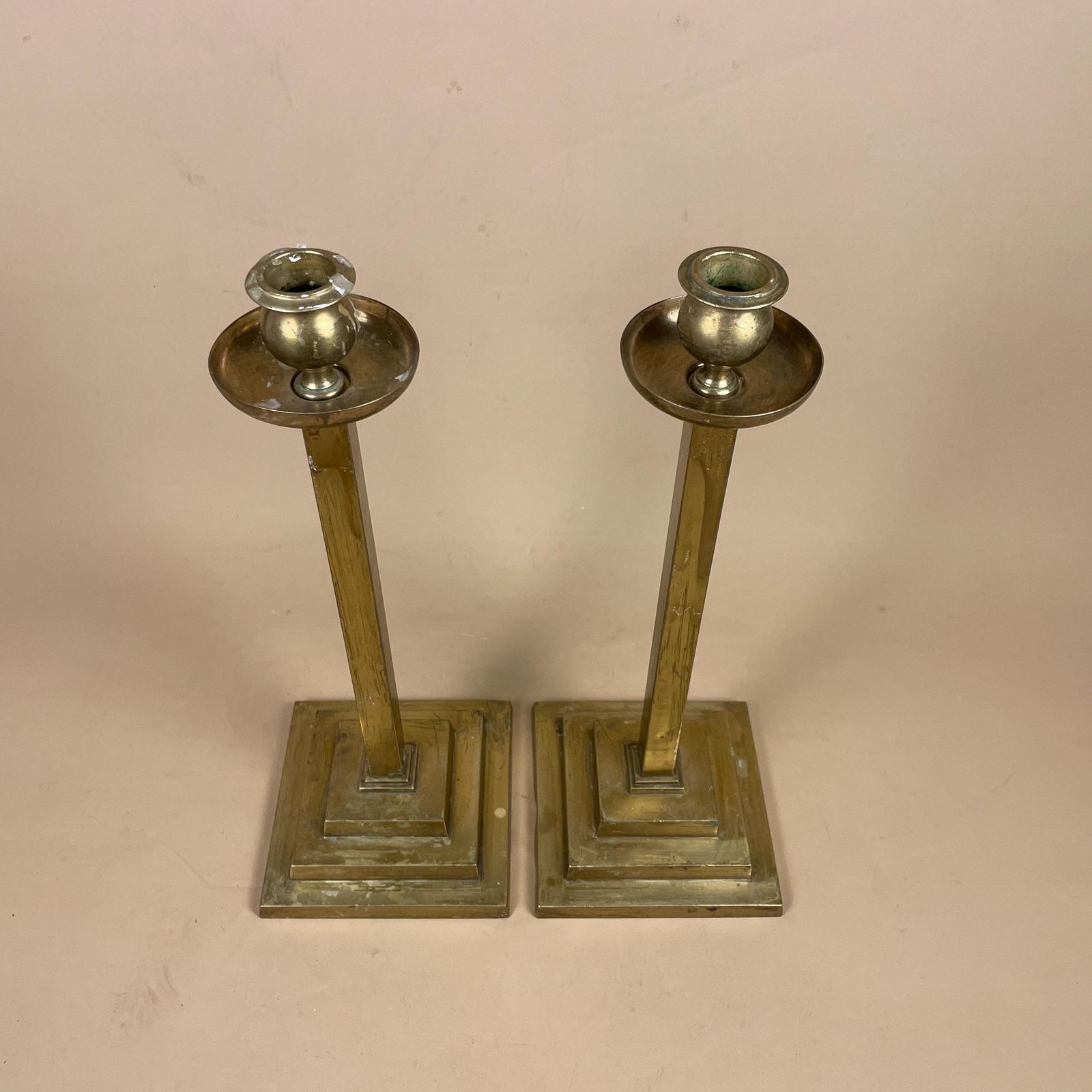 Large Antique Matching Pair Of Gold Brass Metal Candlestick Candle Stick Vintage Column Taper Dinner Candlesticks Square Base Set photo vinterior