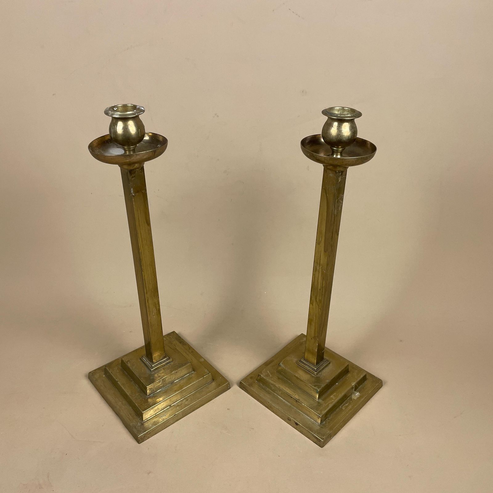 Large Antique Matching Pair Of Gold Brass Metal Candlestick Candle Stick Vintage Column Taper Dinner Candlesticks Square Base Set photo buy