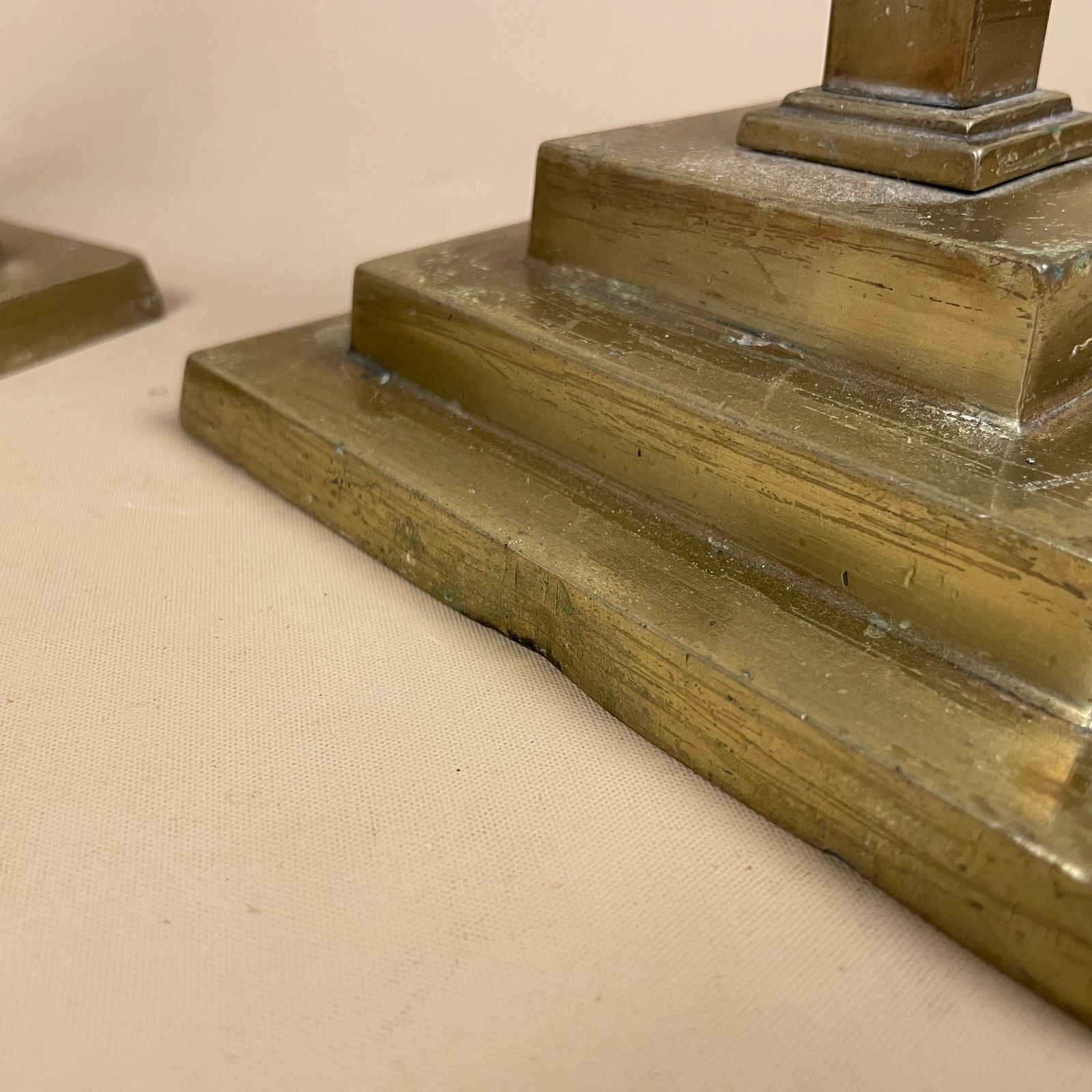 Large Antique Matching Pair Of Gold Brass Metal Candlestick Candle Stick Vintage Column Taper Dinner Candlesticks Square Base Set photo vintage