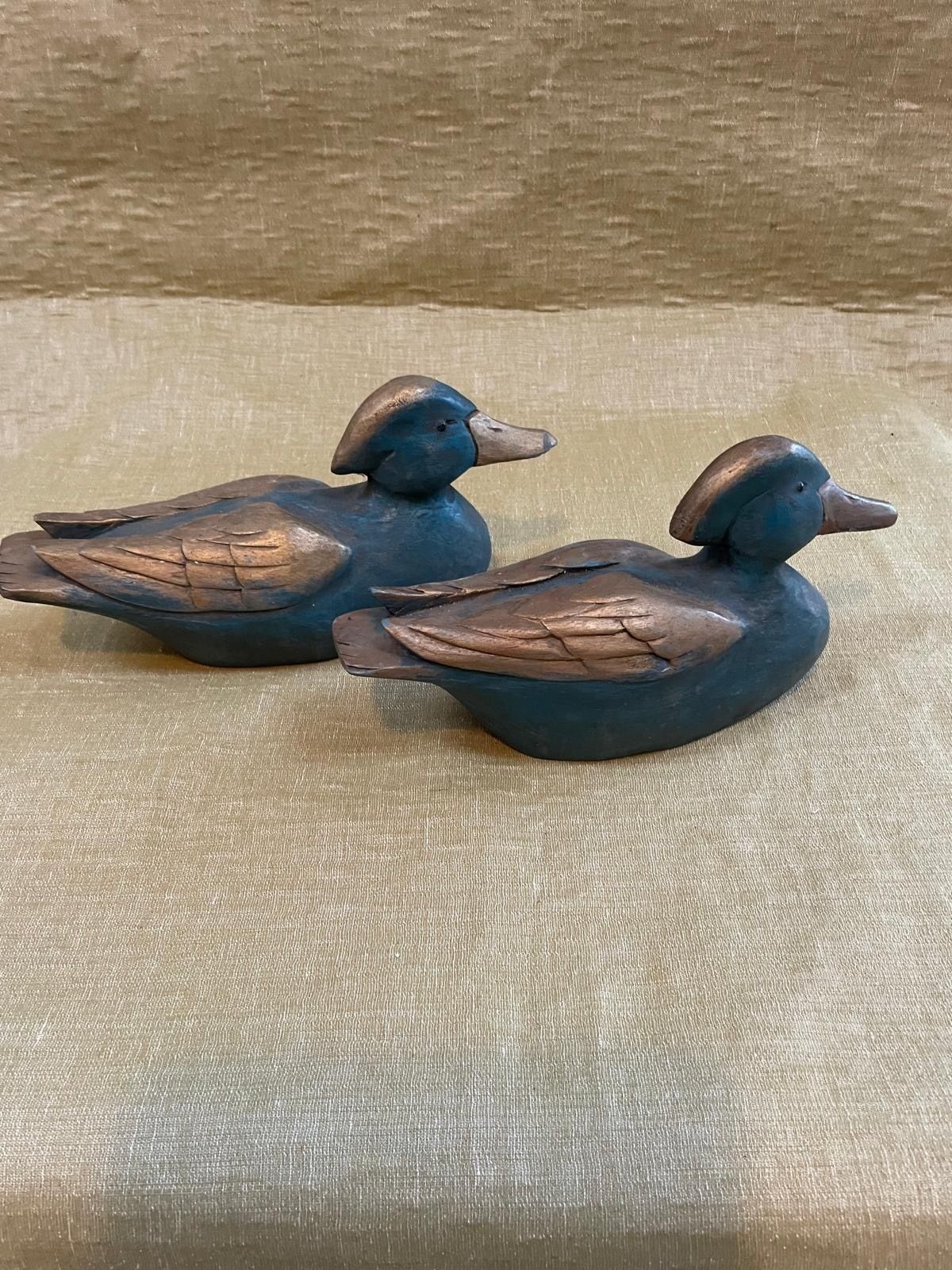 Two Belgian Wooden Decoy Ducks. Early Painted Folk Art Rustic Wood Birds. photo for sale