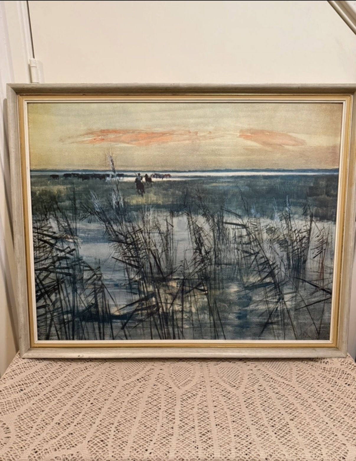 Mid Century Framed Print On Board '' The Round Up'' By J. Valadie.