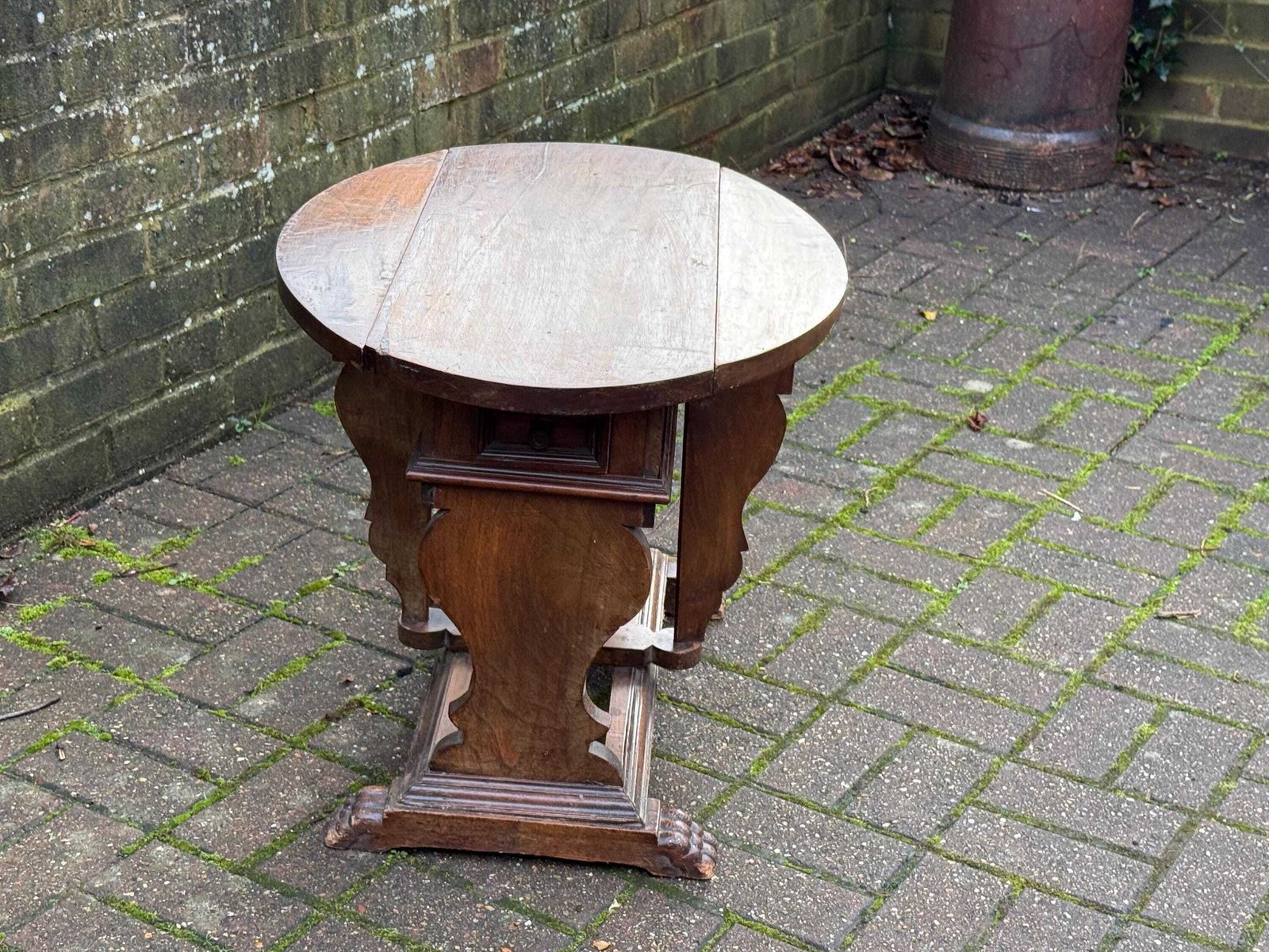 photo vintage Victorian Walnut Drop Leaf Side Table With Drawer, Gothic Revival Antique Furniture