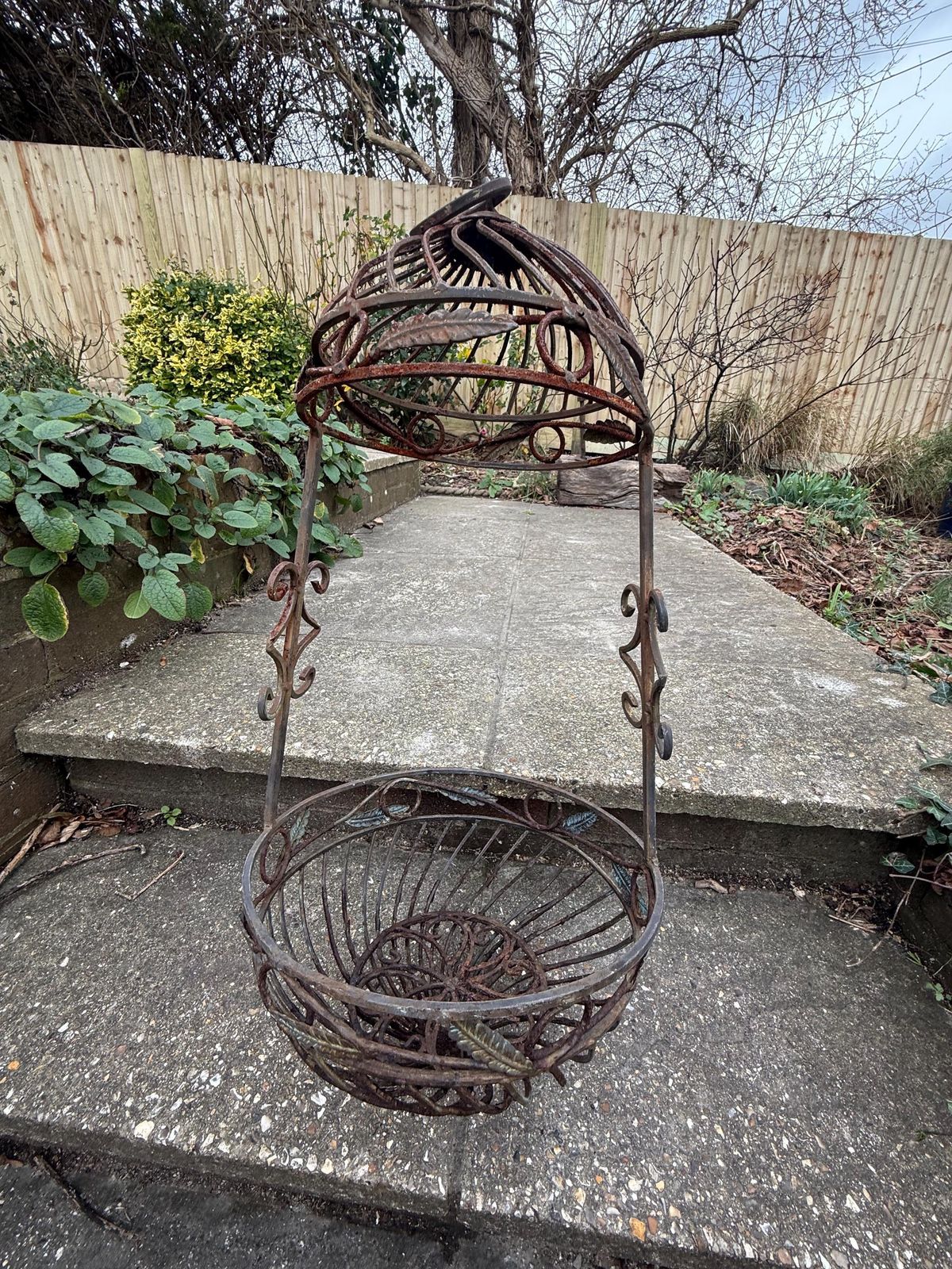 Vintage Wrought Iron Hanging Plant Stand With Basket, Vintage Jardiniere, Hanging Basket, 1970s Garden Decor 2 photo furniture