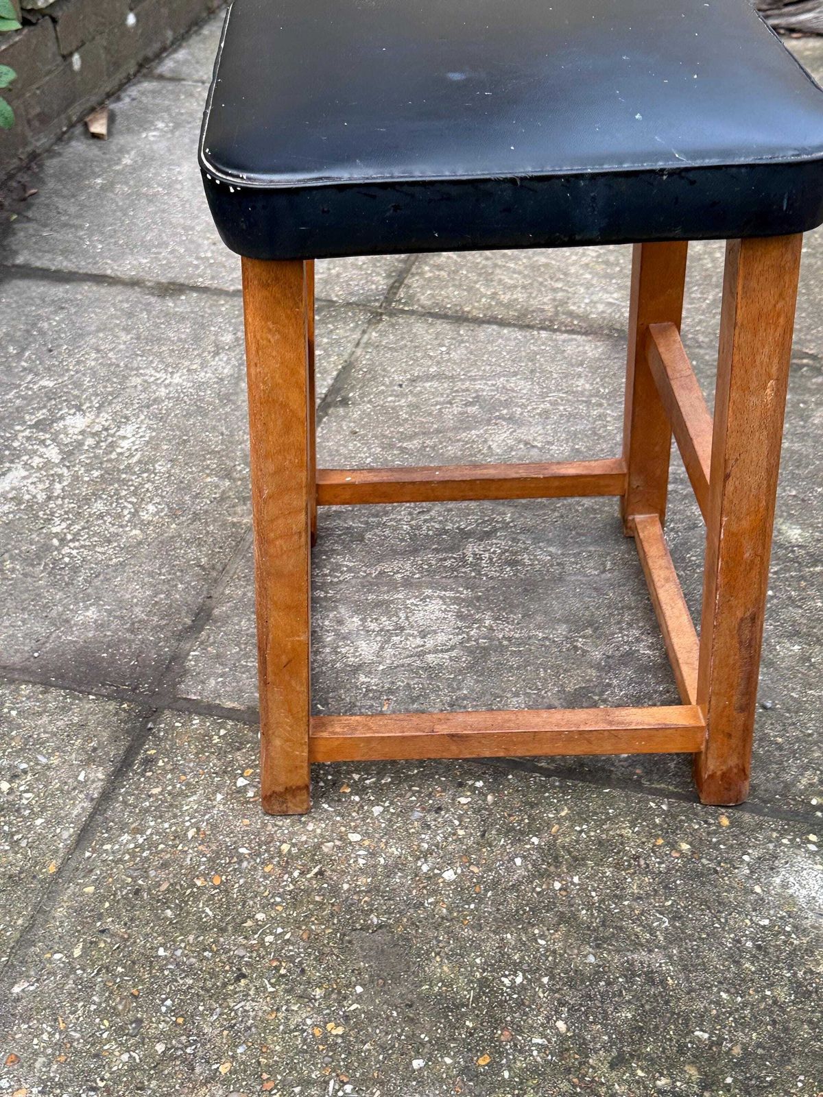 Mid Century Utility Stool 1940s 1950s Wooden Kitchen Workshop Stool Vinyl Seat photo vintage