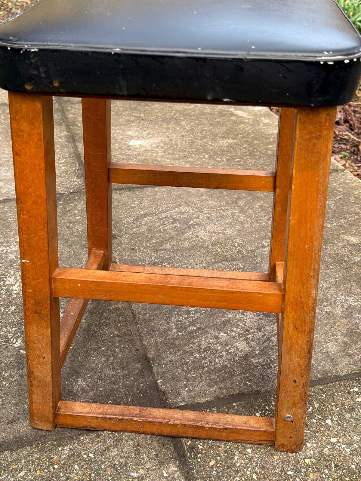 Furniture Mid Century Utility Stool 1940s 1950s Wooden Kitchen Workshop Stool Vinyl Seat photo