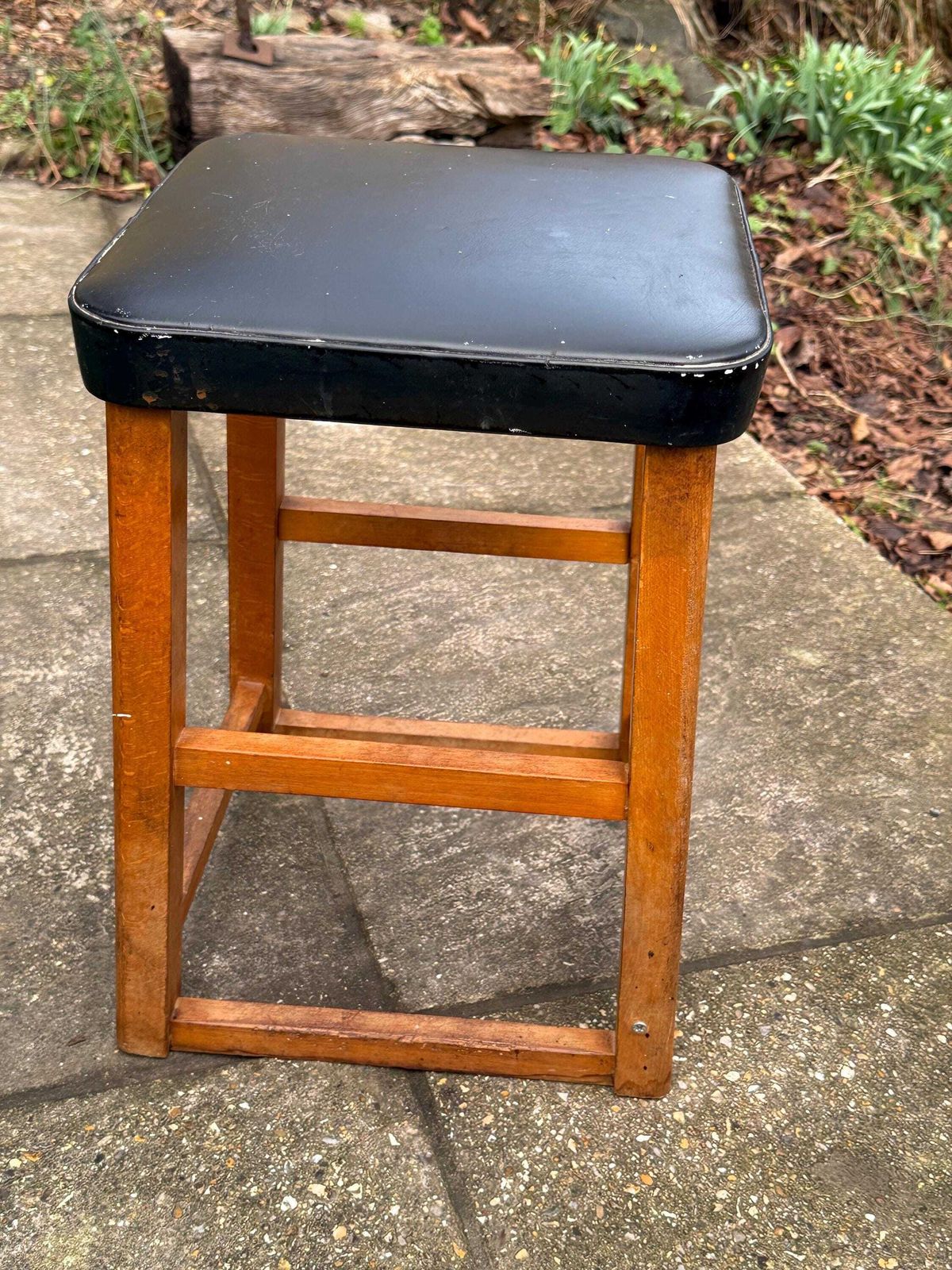 85.0 Mid Century Utility Stool 1940s 1950s Wooden Kitchen Workshop Stool Vinyl Seat photo
