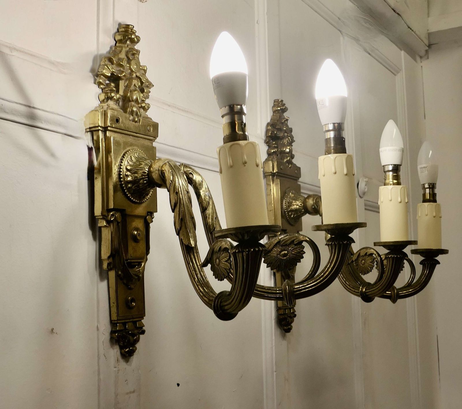 A Pair Of Neo Classical Large Brass Twin Wall Lights photo for sale