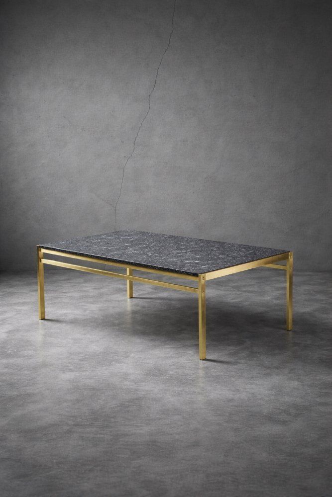 photo vinterior Mid Century Italian Modern Brass Coffee Table With Stone Top, 1970s