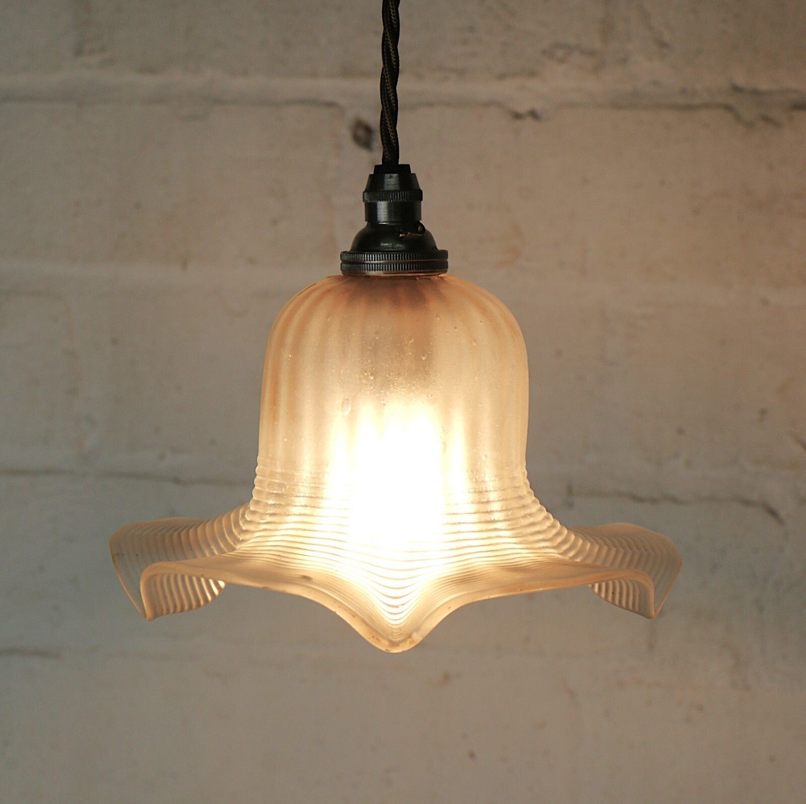 Ceiling Light Antique Small Edwardian Frosted Glass Pendant Hand Frilled & Lined photo furniture