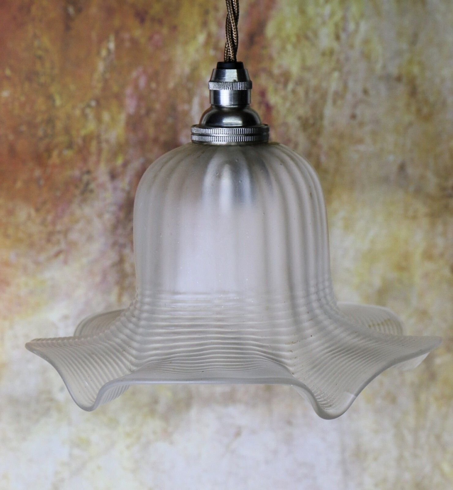 Ceiling Light Antique Small Edwardian Frosted Glass Pendant Hand Frilled & Lined photo for sale