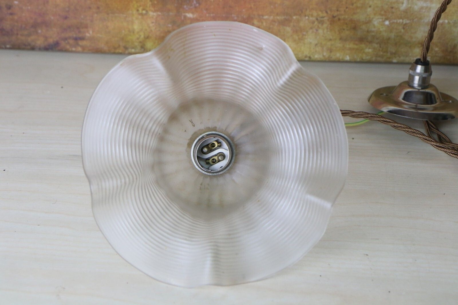 Ceiling Light Antique Small Edwardian Frosted Glass Pendant Hand Frilled & Lined photo vintage