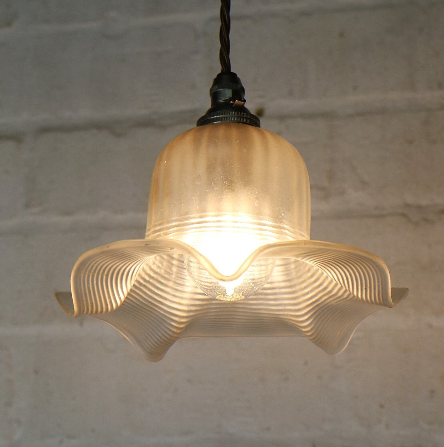photo for sale Ceiling Light Antique Small Edwardian Frosted Glass Pendant Hand Frilled & Lined