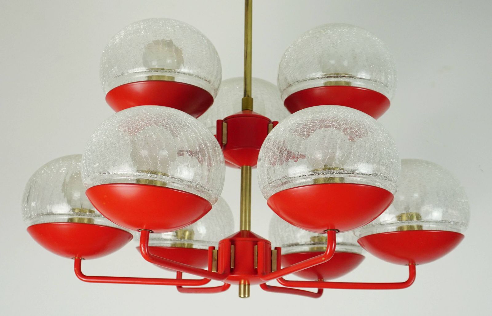 1960s Style Light Up Hat, Red Metal And Brass, With 9 Crackled Glass Shades photo for sale