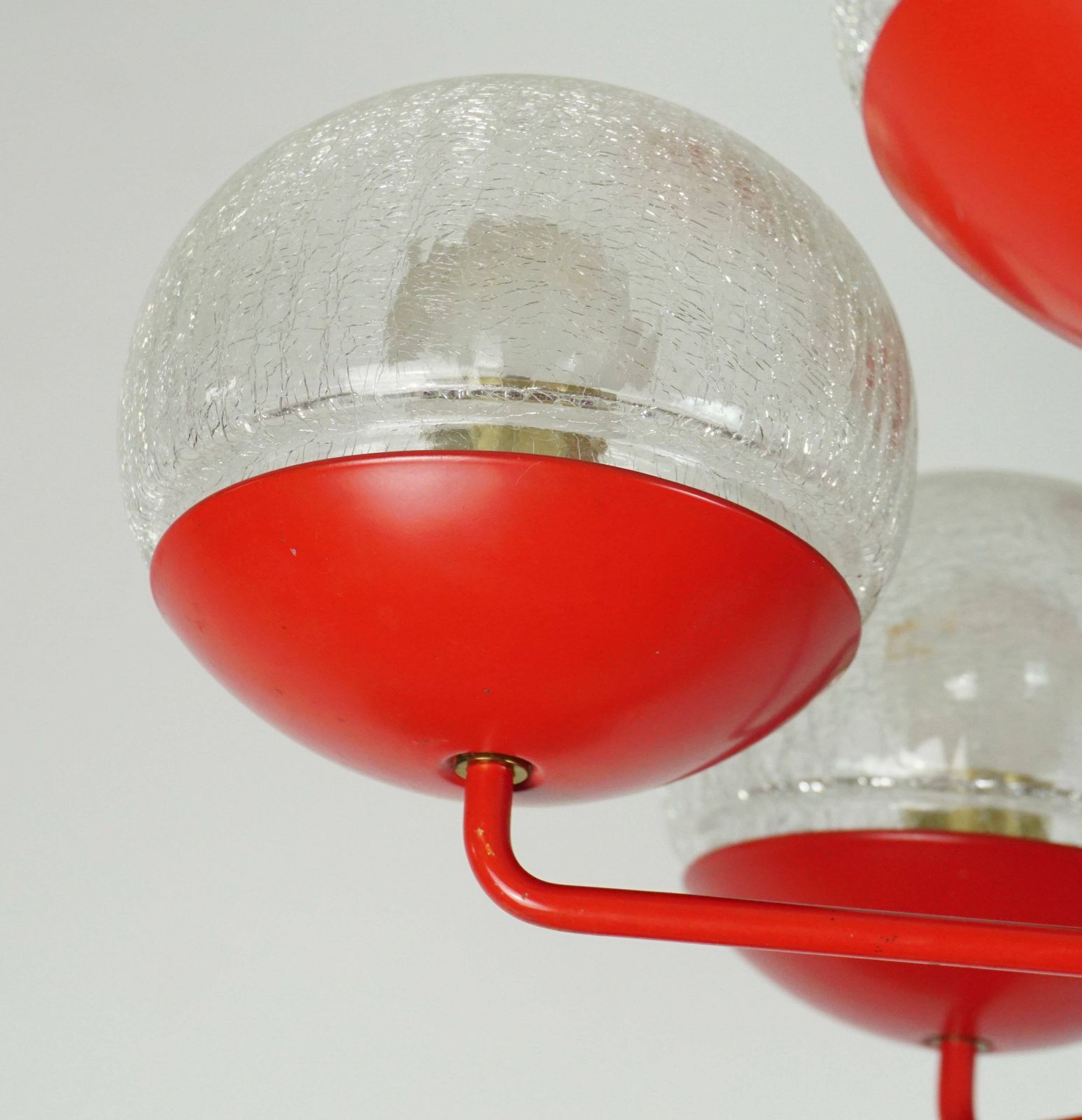 1960s Style Light Up Hat, Red Metal And Brass, With 9 Crackled Glass Shades photo Lighting