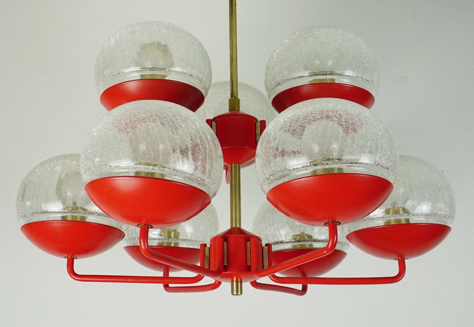 1960s Style Light Up Hat, Red Metal And Brass, With 9 Crackled Glass Shades photo vinterior
