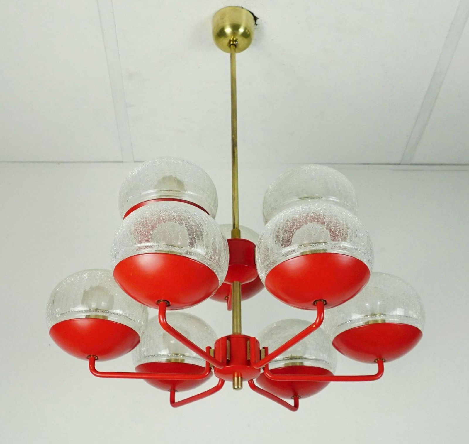 photo buy 1960s Style Light Up Hat, Red Metal And Brass, With 9 Crackled Glass Shades