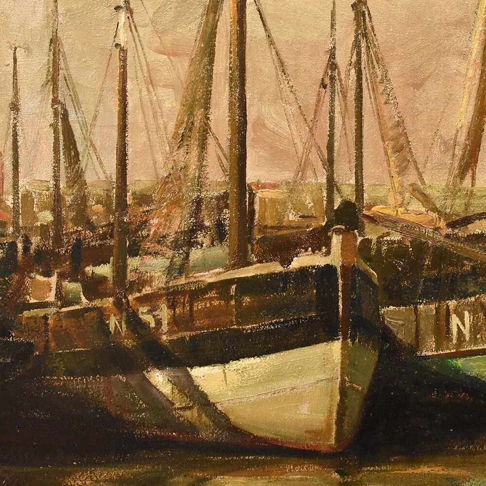 Antique Marine Painting With Boats, Seascape, 20th Century. photo Art