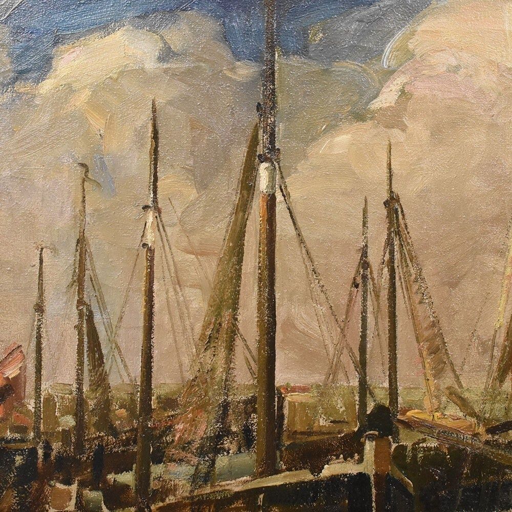 Antique Marine Painting With Boats, Seascape, 20th Century. photo 2300.0