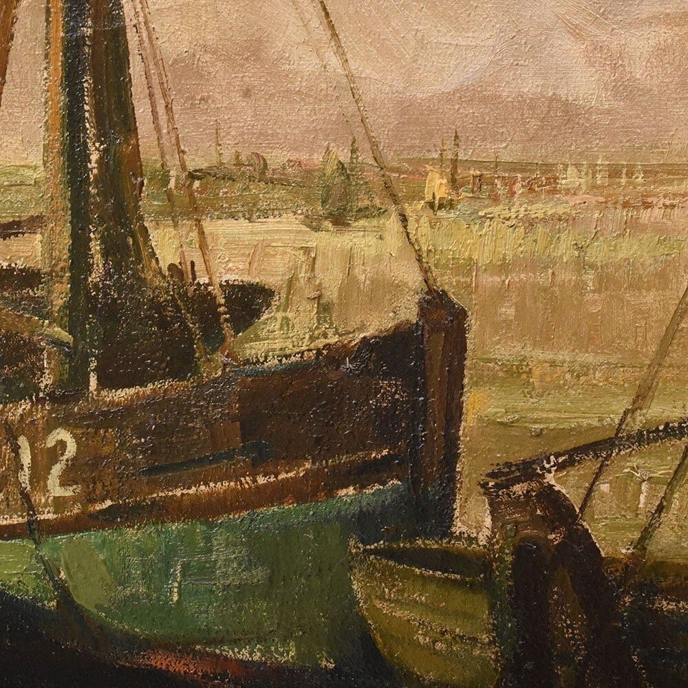 Antique Marine Painting With Boats, Seascape, 20th Century. photo vinterior