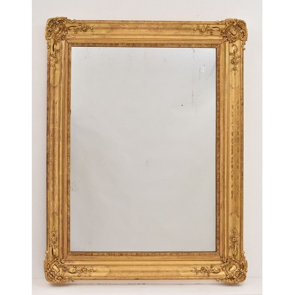 Antique Rectangular Gold Leaf Wall Mirror, Louis Philippe, Floral Motifs, Gilded, XIX Century.