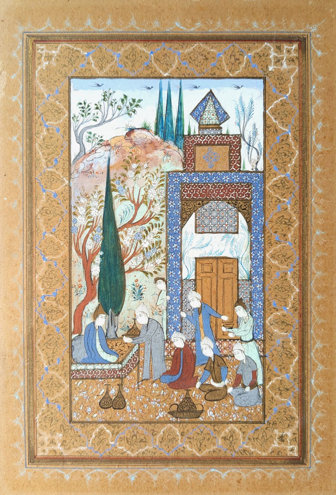 Antique Miniature Painting In Islamic Safavid Style Showing Court Scene photo furniture
