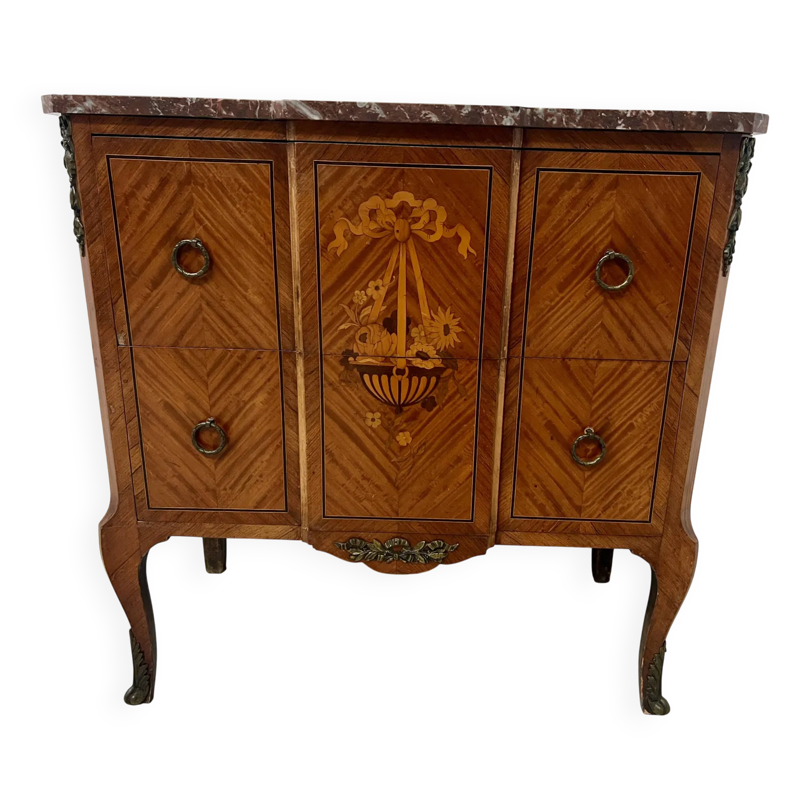 Transition Style Marquetry Chest Of Drawers With A Projecting Top, 20th Century