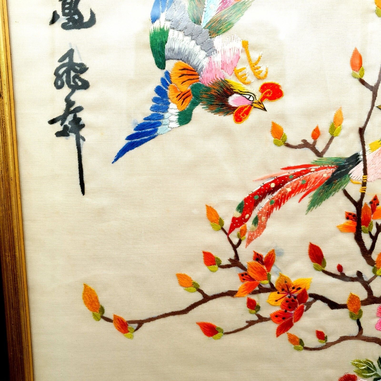 photo buy Vintage Chinese Silk Embroidery Birds & Flowers Framed Wall Art Pair
