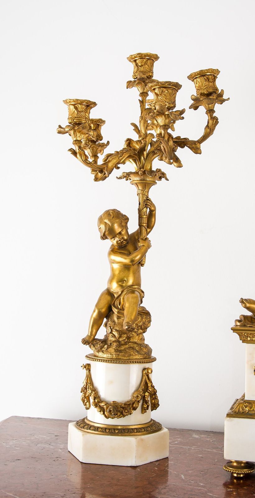 Fine 19th Century French Ormolu & White Marble Clock Garniture With Cherubs photo for sale