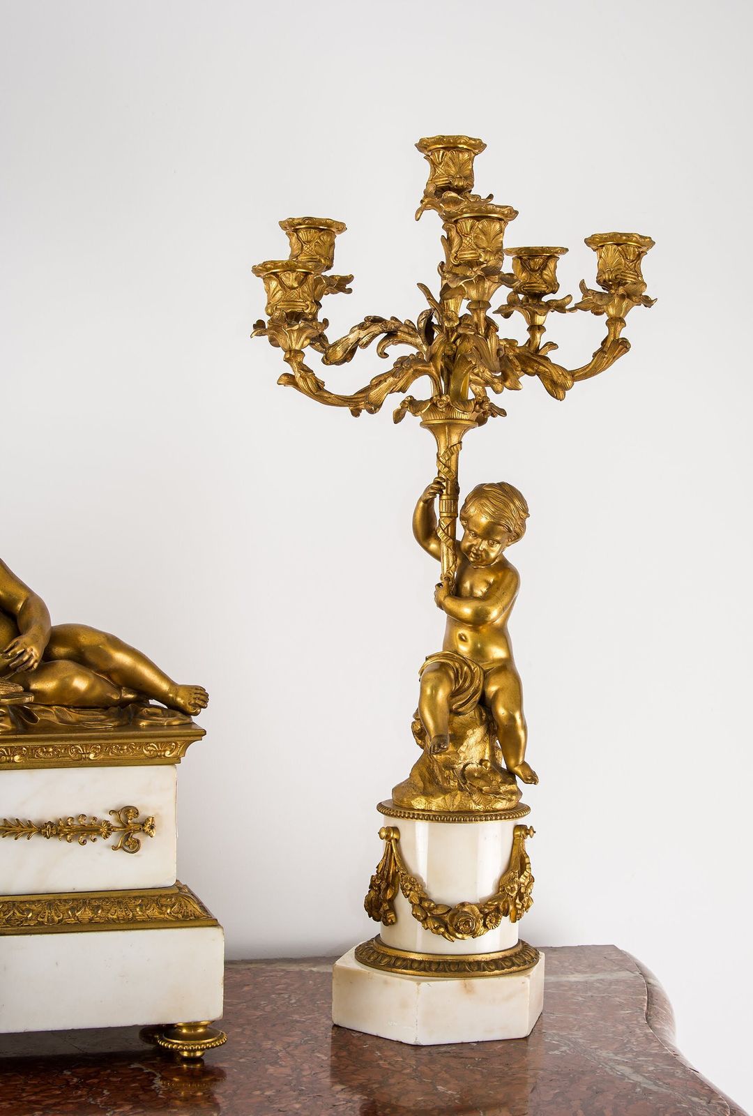 Fine 19th Century French Ormolu & White Marble Clock Garniture With Cherubs photo Home Decor