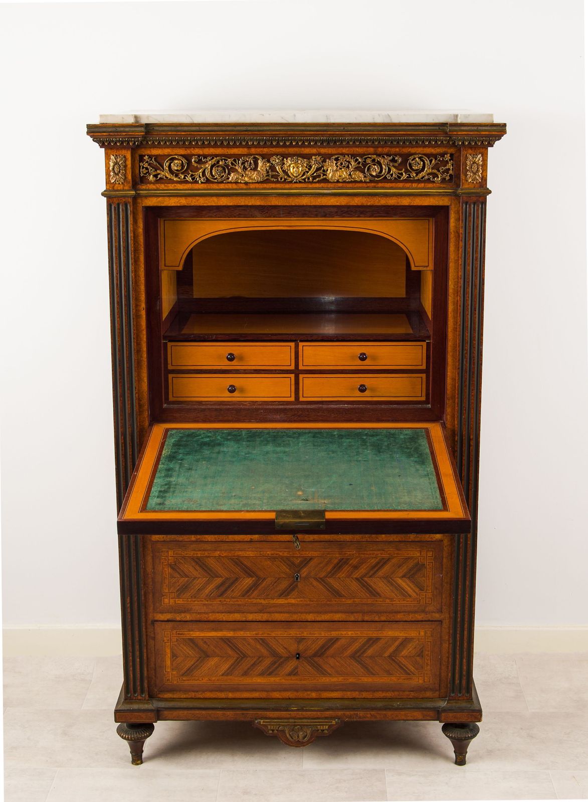 19th Century French Parquetry Secrétaire With Marble Top & Ormolu Mounts photo for sale