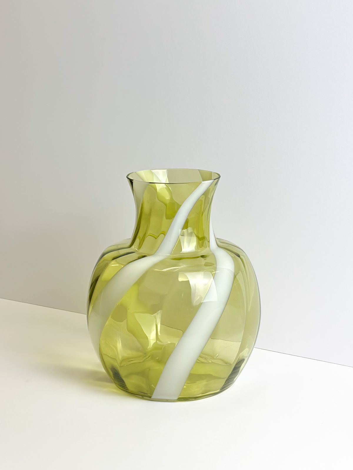Lime Green Glass Vase, White Swirl Stripe, Italian Mid Century 1960s photo for sale
