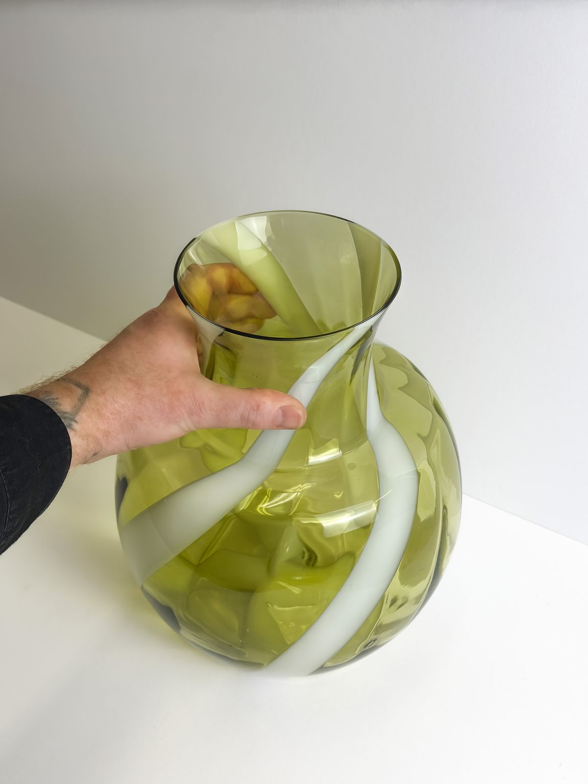 photo for sale Lime Green Glass Vase, White Swirl Stripe, Italian Mid Century 1960s