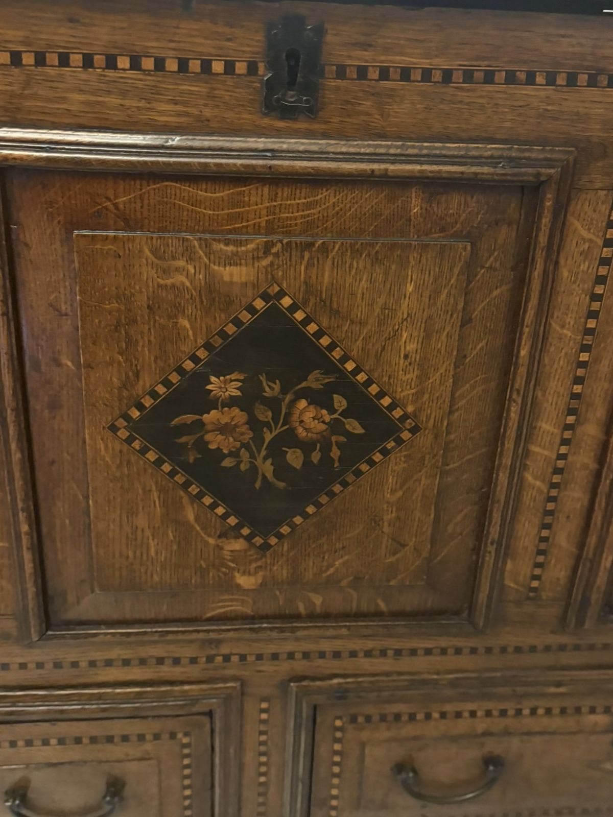 Exceptional Quality 17th Century Antique Oak Mule Chest With Marquetry Inlay photo furniture