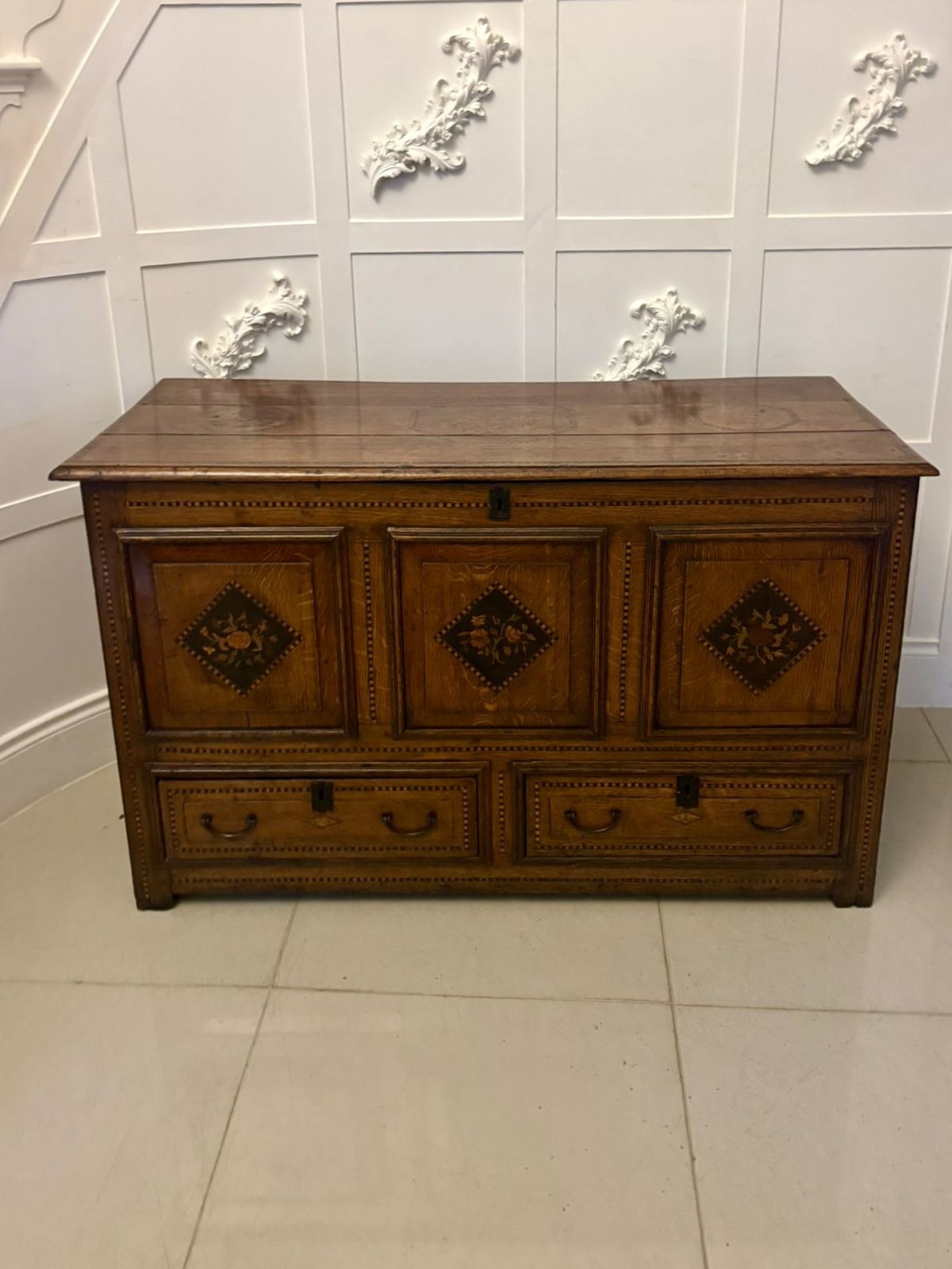 Exceptional Quality 17th Century Antique Oak Mule Chest With Marquetry Inlay
