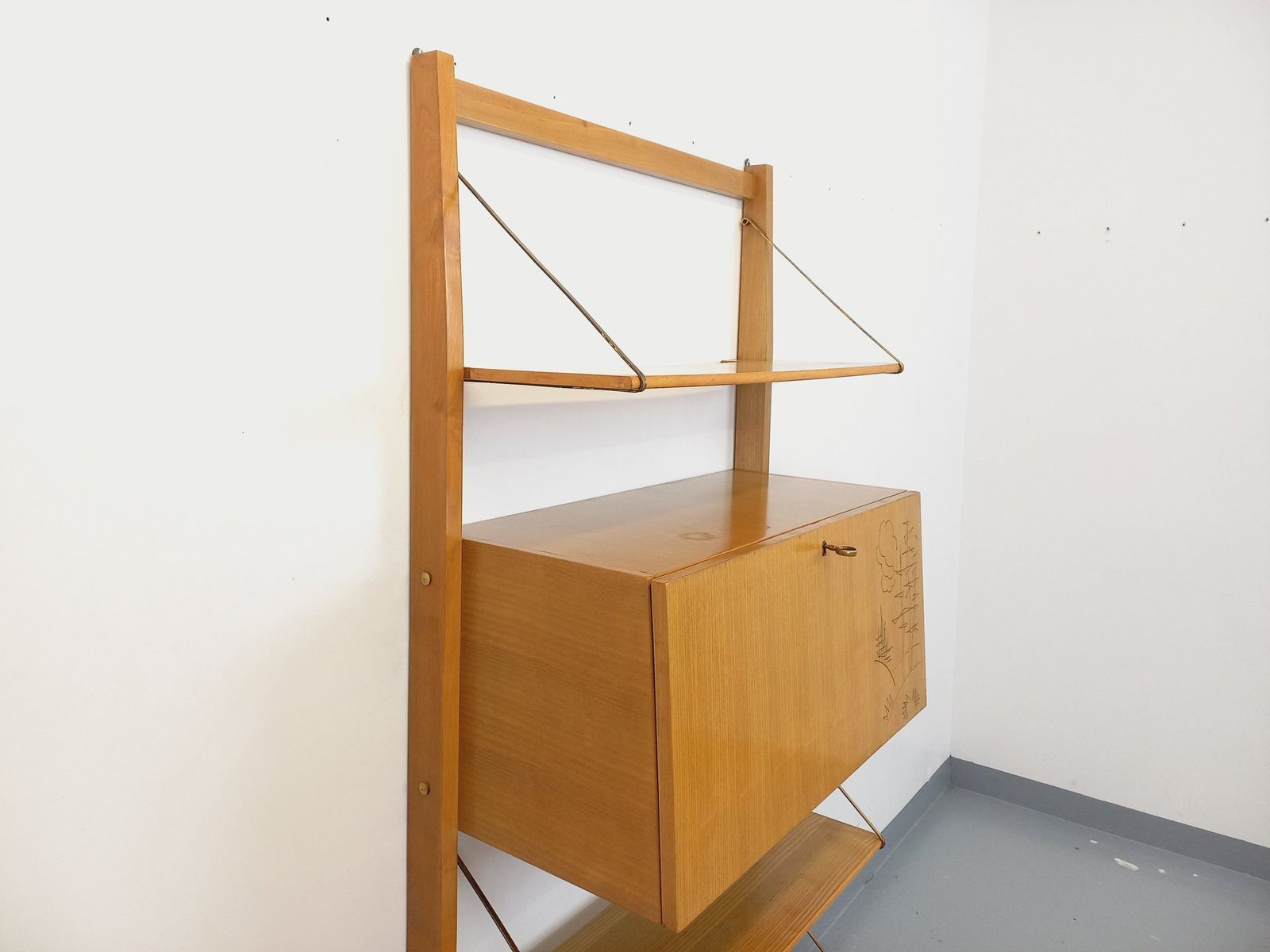 Wall Mounted Bookcase With Secretary Desk, Made Of Wood And Brass photo buy