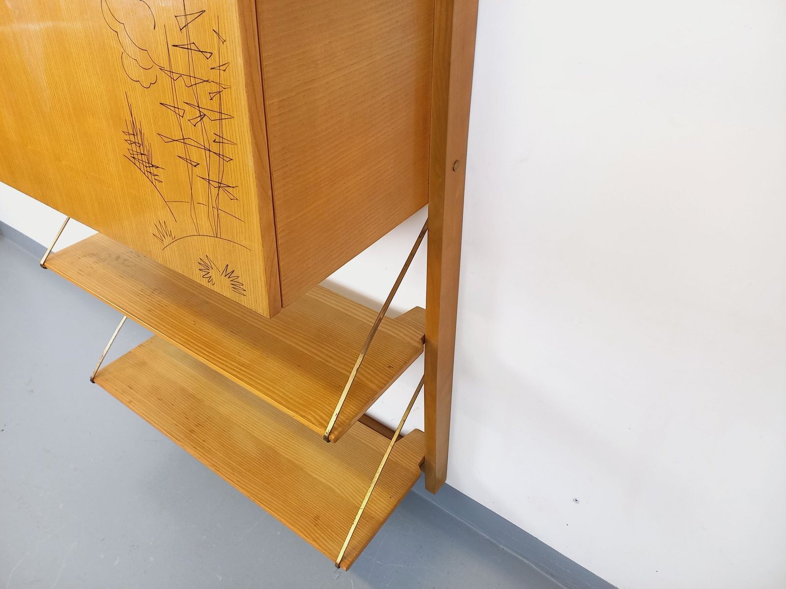 Wall Mounted Bookcase With Secretary Desk, Made Of Wood And Brass photo vintage