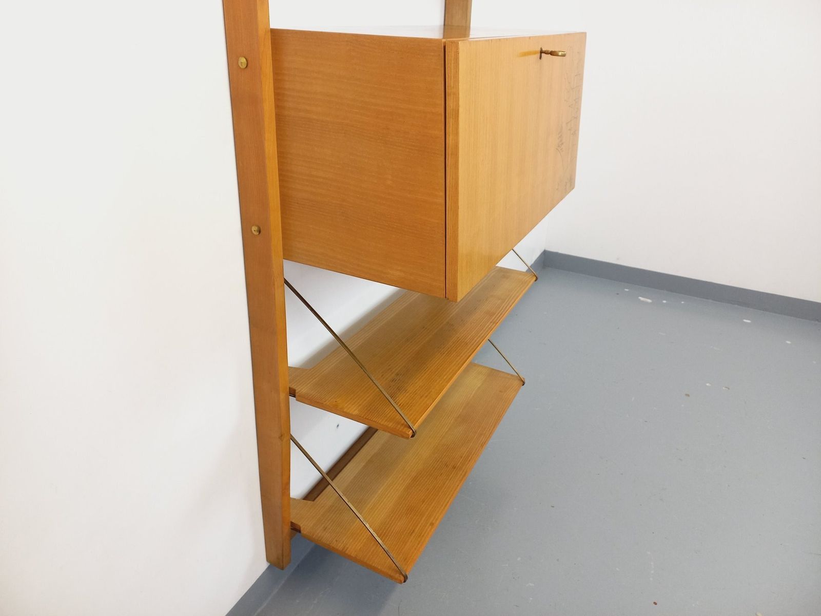 photo for sale Wall Mounted Bookcase With Secretary Desk, Made Of Wood And Brass