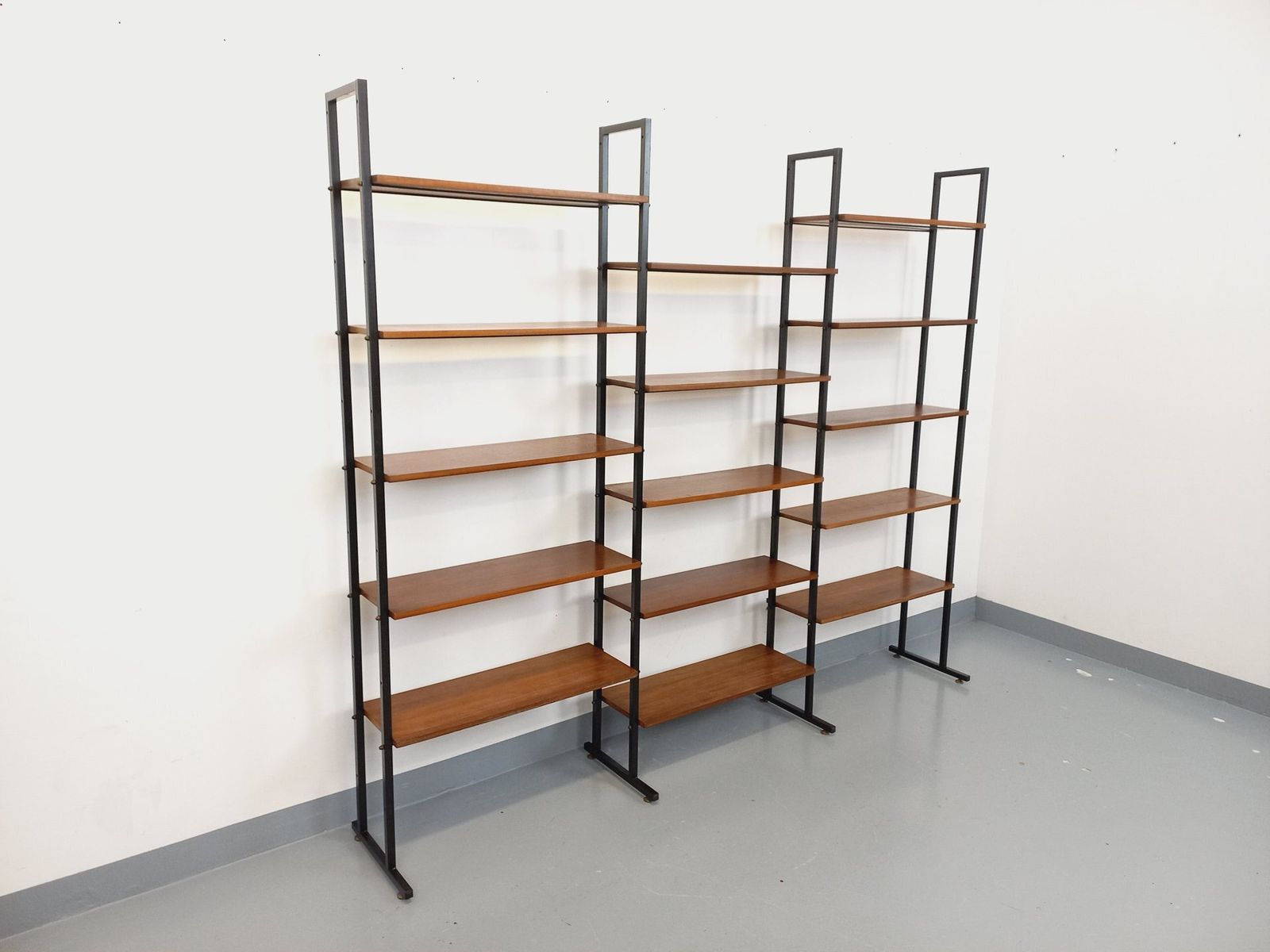 Modular Triple Italian Bookcase In Teak And Metal